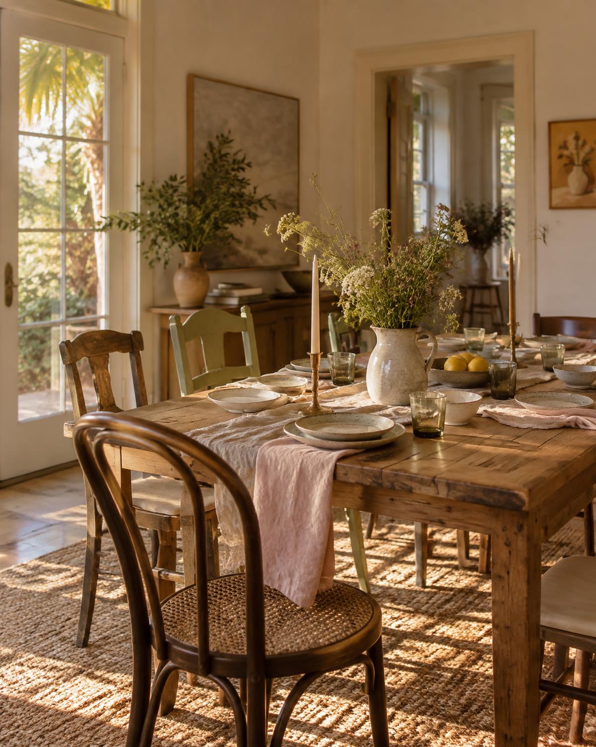 An inviting shared table set with handmade ceramics, flowers, and warm afternoon light